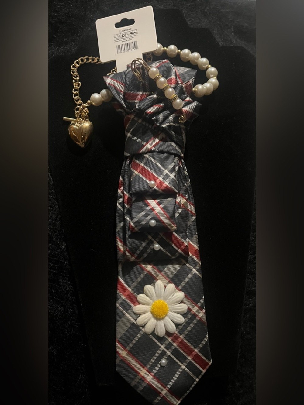 Plaid Necktie with Daisy Applique - Black/Gray/Red